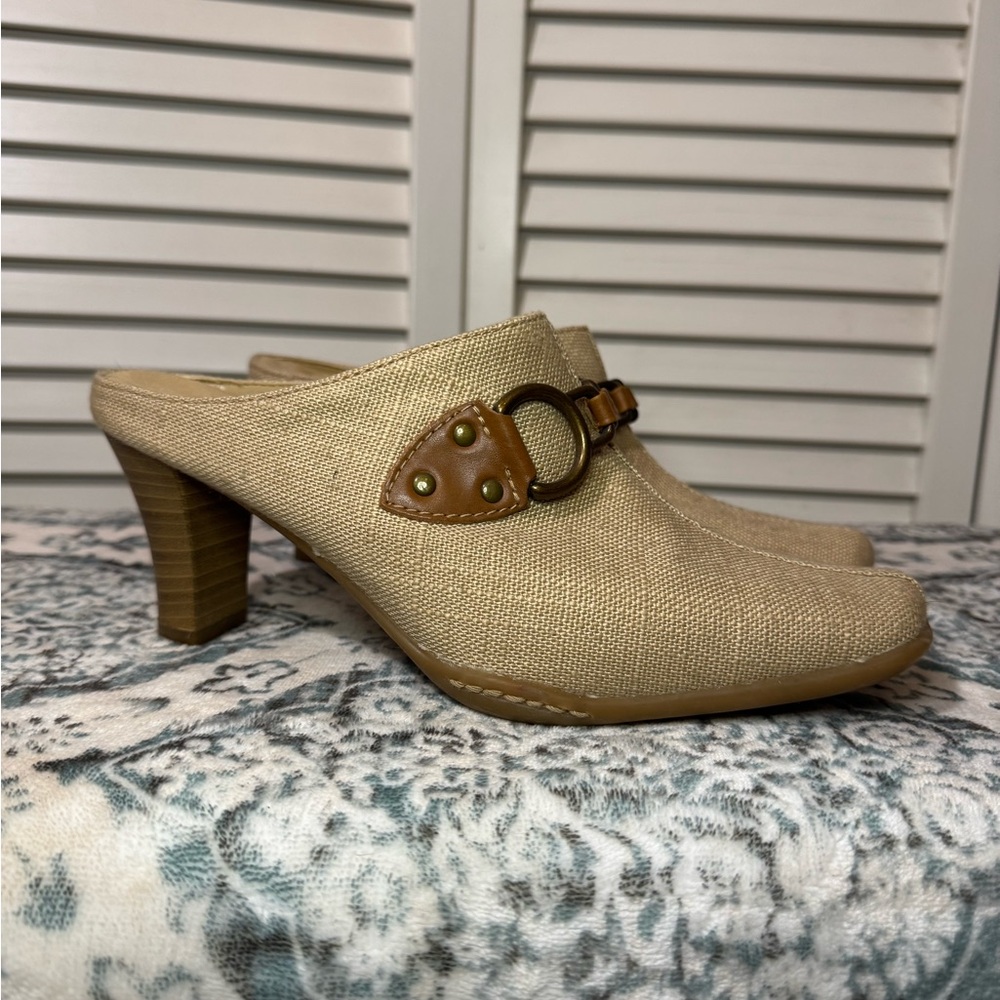 AEROSOLES Tan Heeled Mules with Buckle Accent
